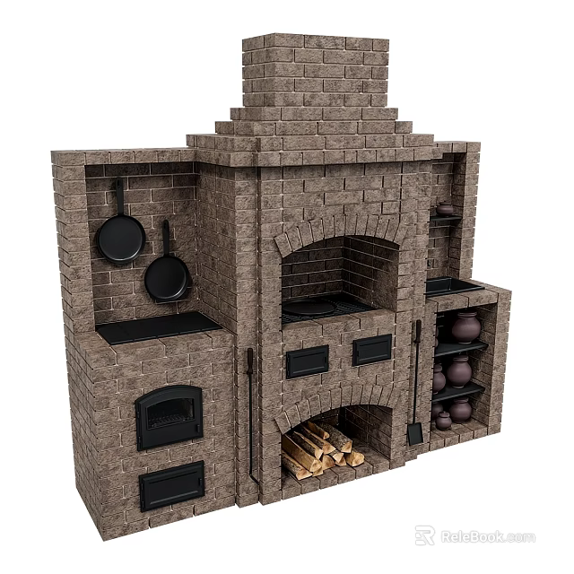 Traditional Brick Built Kitchen Stove With Hanging Pans Firewood And Clay Pots On Shelves 3d model 