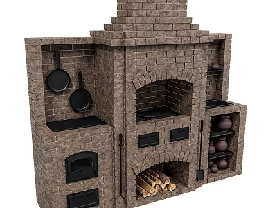 Traditional Brick Built Kitchen Stove With Hanging Pans Firewood And Clay Pots On Shelves 3d model
