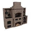 Traditional Brick Built Kitchen Stove With Hanging Pans Firewood And Clay Pots On Shelves
