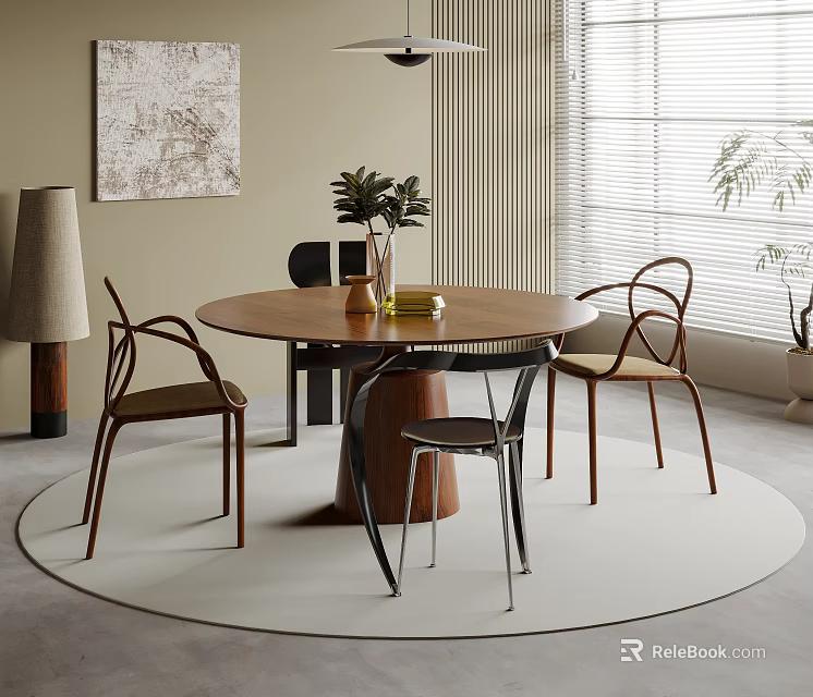 Modern Round Wooden Dining Table Set With Arched Back Chairs Vase Plants Books Window Blinds 3d model 