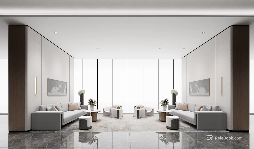 Modern Lounge Area Interior Design With Grey Sofas Coffee Tables And Large Windows 3d model 