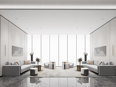 Modern Lounge Area Interior Design With Grey Sofas Coffee Tables And Large Windows 3d model