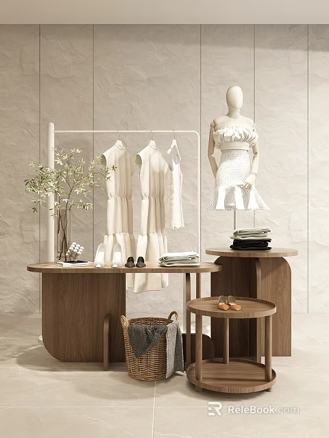 Clothing Store Featuring White Dresses Tops Mannequin Wooden Display Tables Green Plant And Shoes 3d model 