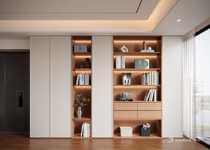 Modern Wooden Decorative Cabinet Design With Open Shelves Books Plants And Lighting 3d model 