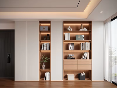 Modern Wooden Decorative Cabinet Design With Open Shelves Books Plants And Lighting 3d model