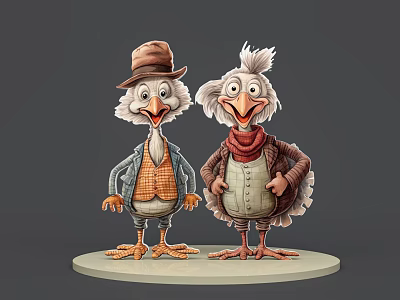 Cute Cartoon Reptile Characters Wearing Hats And Scarves On Round Platform 3d model