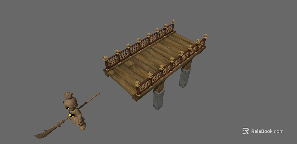 Traditional Wooden Bridge With Carved Railings And Stone Pillar Supports 3d model 