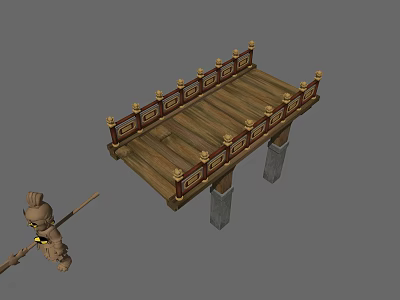 Traditional Wooden Bridge With Carved Railings And Stone Pillar Supports 3d model