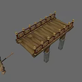 Traditional Wooden Bridge With Carved Railings And Stone Pillar Supports