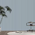 Modern Venetian Blinds In Bright Window Interior With Potted Plant And Rolling Trolley On Rug