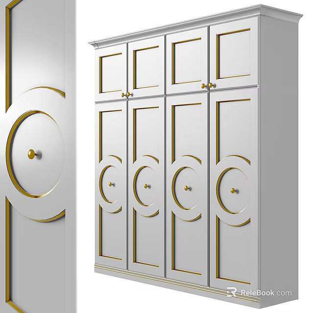 Elegant Modern White Wardrobe Featuring Gold Accents And Circular Door Patterns 3d model 