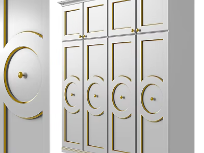 Elegant Modern White Wardrobe Featuring Gold Accents And Circular Door Patterns 3d model