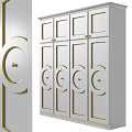Elegant Modern White Wardrobe Featuring Gold Accents And Circular Door Patterns 3d model