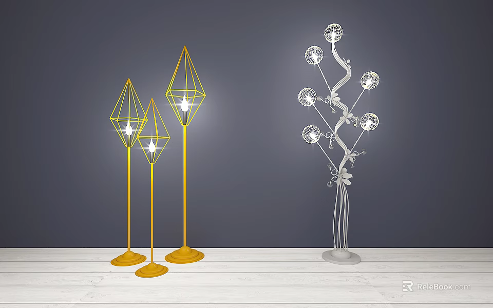 Yellow Diamond Shaped White Tree Branch Design Floor Lamps With Metal Stands Round Lights 3d model 