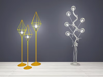 Yellow Diamond Shaped White Tree Branch Design Floor Lamps With Metal Stands Round Lights 3d model