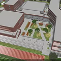 Modern Red Brick School Buildings with Green Sports Field and Tree Surroundings