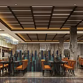 Luxurious Modern Restaurant Interior Design With Marble Pillars And Comfortable Orange Upholstered Dining Chairs