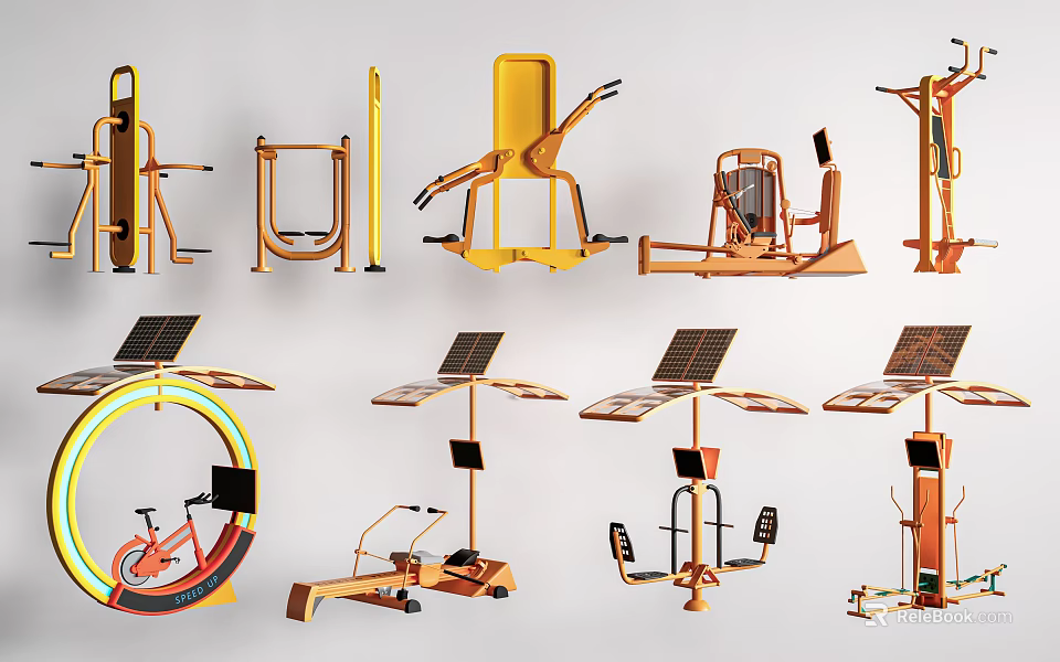Modern Sports Equipment Collection Including Exercise Bikes Weight Racks And Training Machines 3d model 