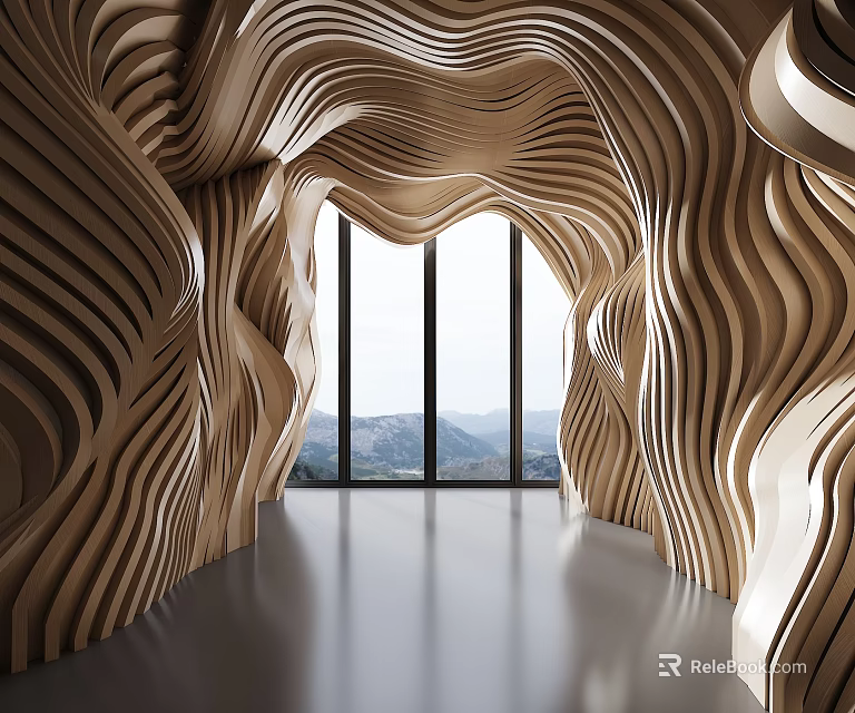 Wavy Wooden Curved Interior Space With Large Window And Mountain View 3d model
