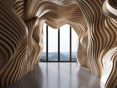 Wavy Wooden Curved Interior Space With Large Window And Mountain View 3d model