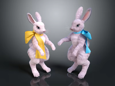 White Bunny Stuffed Toys With Yellow And Blue Bows Standing On Dark Surface 3d model