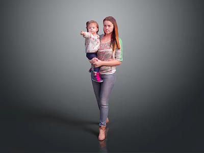 Woman Holding Little Child Pointing At Something In Studio Background 3d model