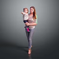 Woman Holding Little Child Pointing At Something In Studio Background