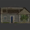 Traditional Log Cabin With Thatched Roof Blue Door Wooden Ladder And Green Plants