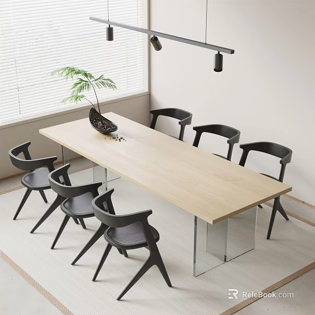 Light Wood Dining Table Set With Six Black Chairs Clear Glass Legs And Potted Plant 3d model 