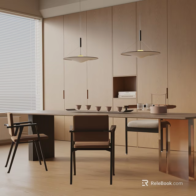 Modern Minimalist Tea Room Interior With Wooden Cabinets Pendant Lights And Tea Sets 3d model 