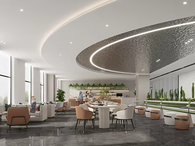 Modern Café Interior Design With Tables Chairs Green Plants Large Windows And Natural Light 3d model