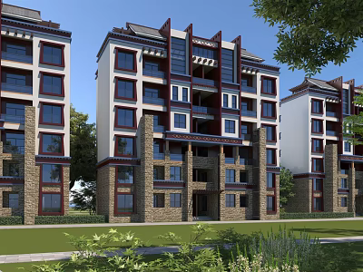 Traditional Modern Style Multi story Residential Building with White Brown Exterior and Green Lawn 3d model