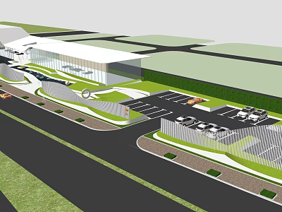 Modern Sales Office Building With Green Lawn Parking Area And Roadway Design 3d model