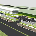 Modern Sales Office Building With Green Lawn Parking Area And Roadway Design