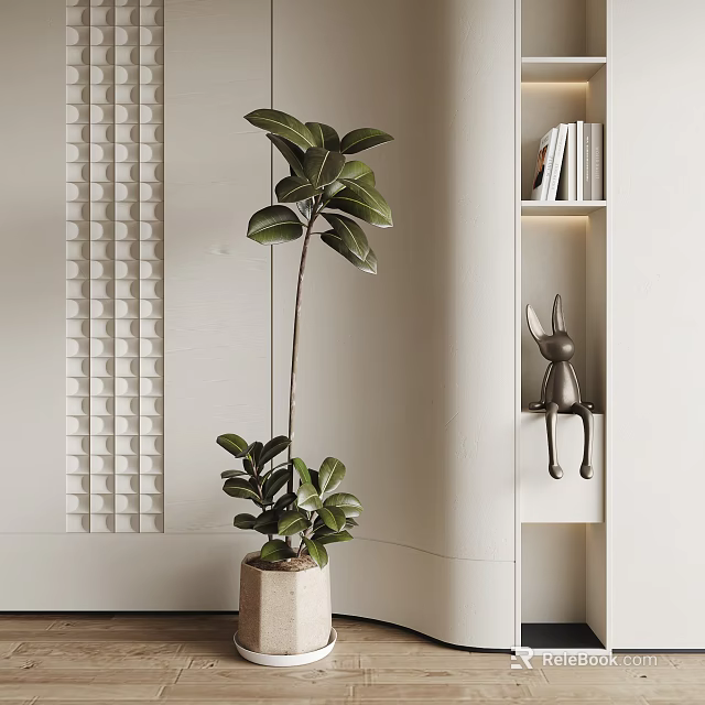 Bonsai Plant With Large Leaves In Light Colored Pot Near Bookshelf And Rabbit Decoration 3d model 