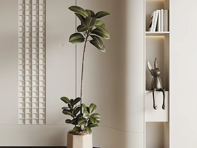 Bonsai Plant With Large Leaves In Light Colored Pot Near Bookshelf And Rabbit Decoration 3d model