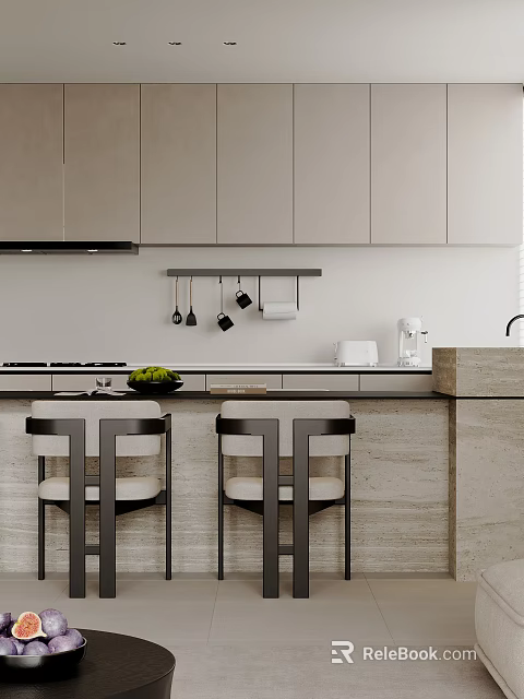 Modern Restaurant Open Kitchen With Gray Cabinets Island Counter And Bar Stools 3d model 