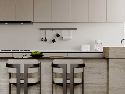 Modern Restaurant Open Kitchen With Gray Cabinets Island Counter And Bar Stools 3d model