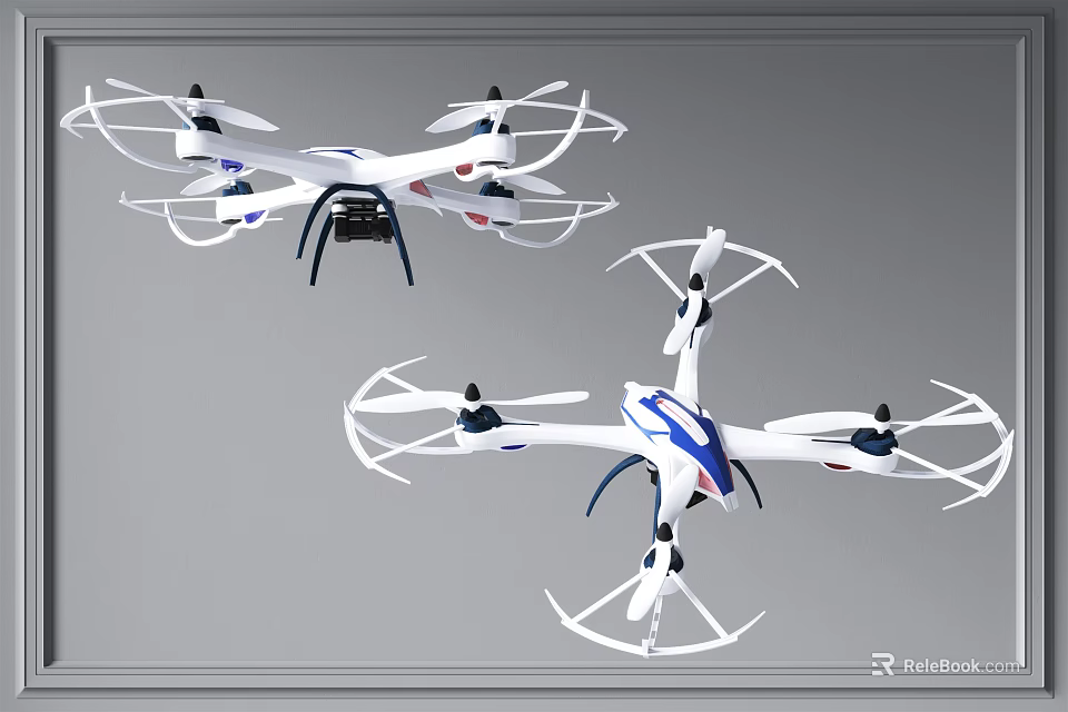 Smart Multi Rotor Drones With White And Blue Design And Protective Frames 3d model