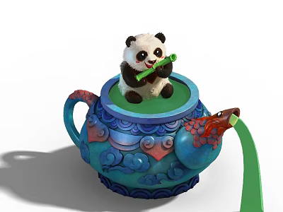 Cartoon Panda Playing Green Flute In Ornate Blue Teapot With Dragon Design And Green Liquid 3d model