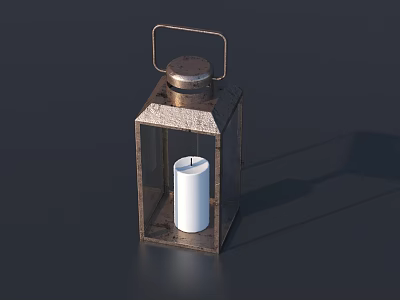 Vintage Metal Candle Lantern With Square Design Handle And White Candle 3d model