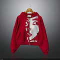 Red Cropped Hoodie With Oversized Sleeves White Graphic Print And Zipper