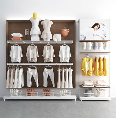 Retail Display Shelves with Hanging White Yellow Apparel Decorative Mannequins and Folded Garments 3d model