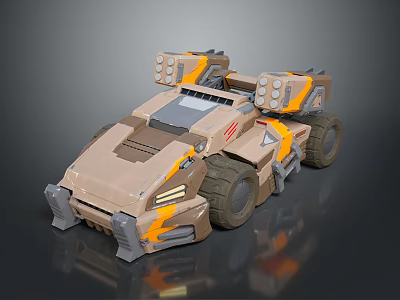 Brown And Orange Armored Off Road Vehicle With Large Wheels And Mechanical Details 3d model