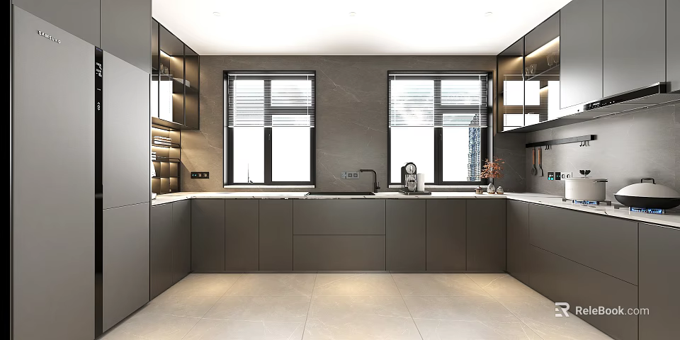 Modern Kitchen Interior Design With Grey Cabinets Windows And Sleek Countertop 3d model 