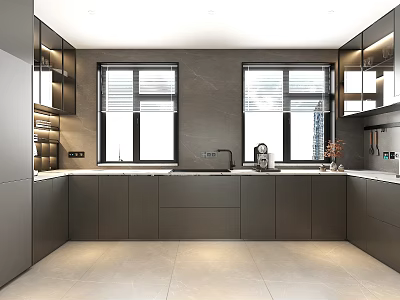 Modern Kitchen Interior Design With Grey Cabinets Windows And Sleek Countertop 3d model