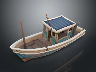 Wooden Boat With Blue Roof Small Cabin White And Blue Stripes And Wooden Pole 3d model