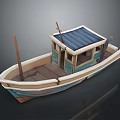Wooden Boat With Blue Roof Small Cabin White And Blue Stripes And Wooden Pole