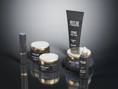 Perfume Cosmetics With Cream Jars Serum Tube Lipstick And Black Gold Luxury Packaging 3d model