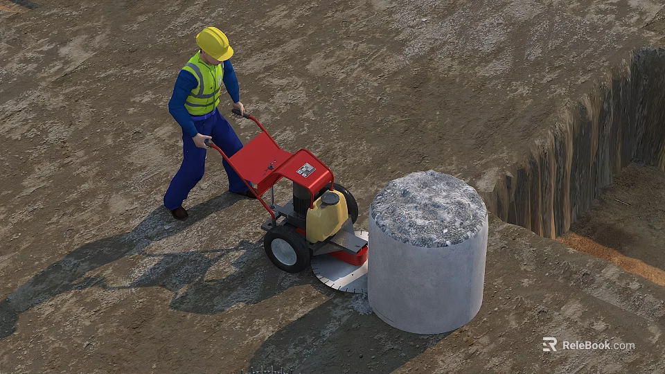 Concrete Column Cutting By Construction Worker With Red Cutting Machine On Site 3d model 